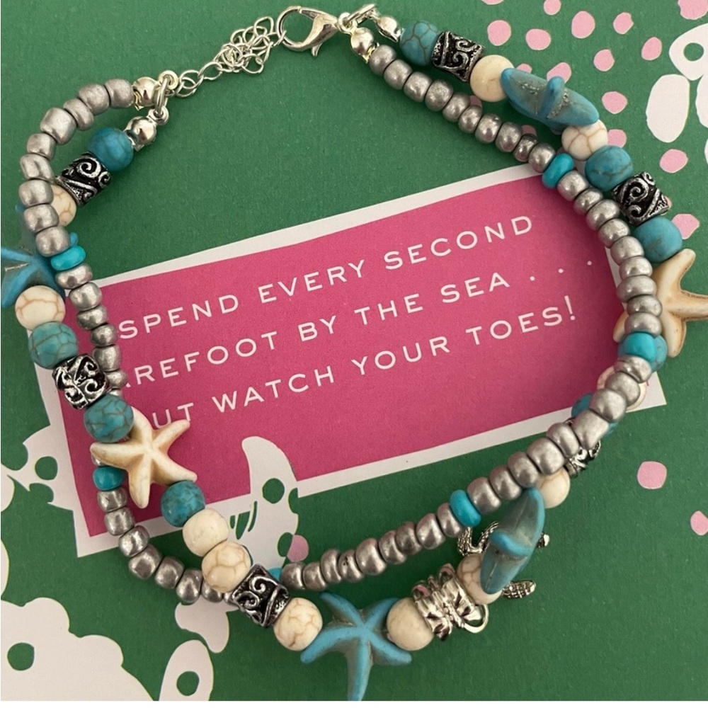 New Beachy Turquoise Silver Double Strand Beaded Anklet One Size